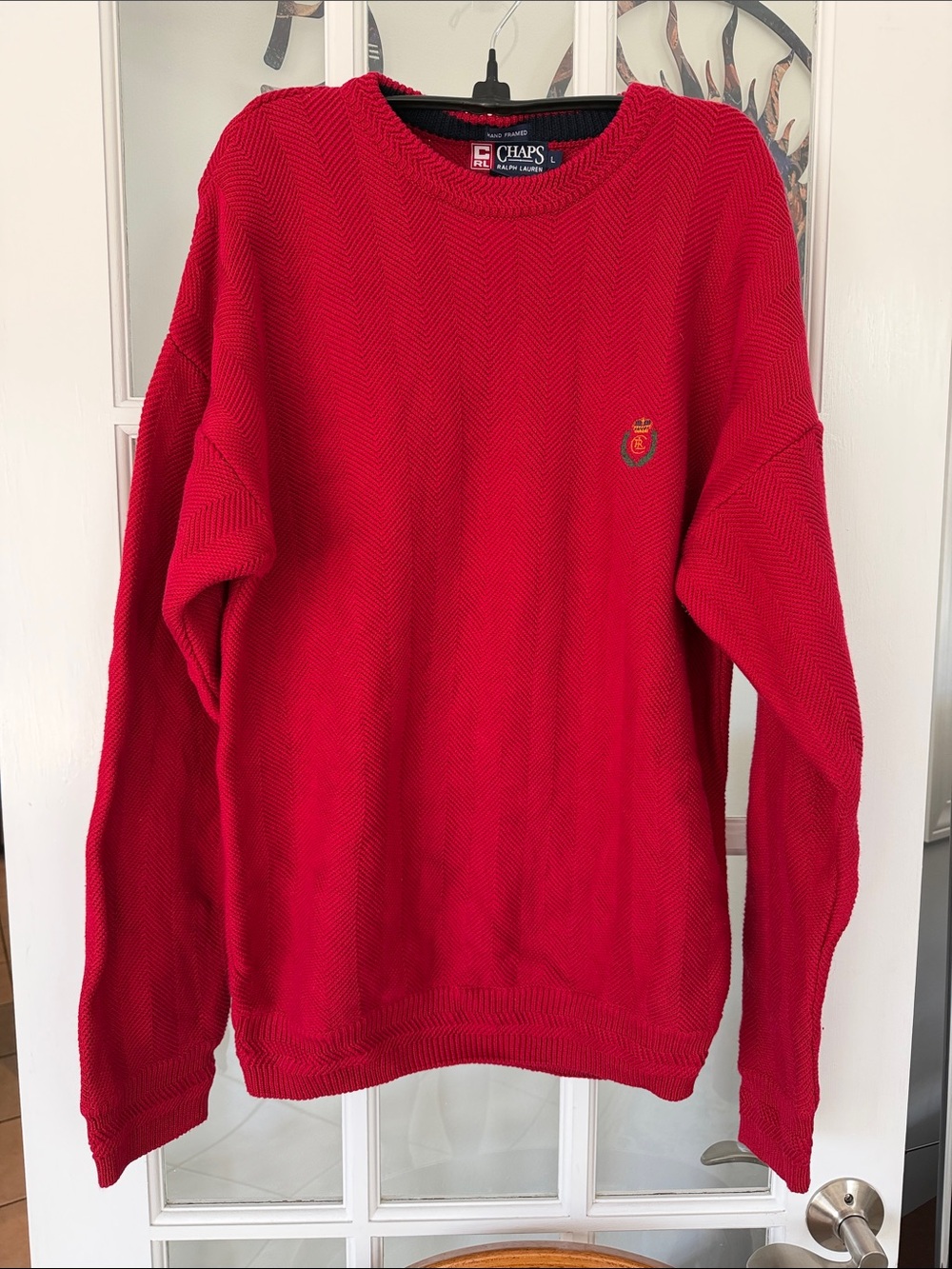 Chaps Ralph Lauren vintage 100% Cotton Hand Framed Sweater, Size L. Deep Red.